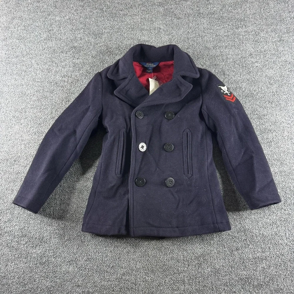 Polo Ralph Lauren Pea Coat Boys 8 Blue Wool Double Breasted Patch S815-0001